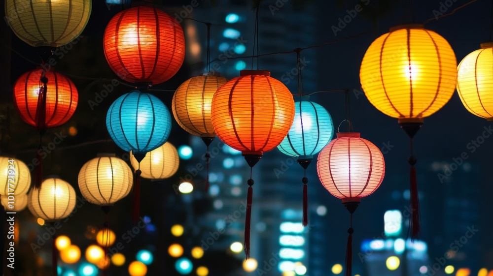 Colorful Lanterns Hanging in a Nighttime Urban Setting Colorful Lanterns Hanging in a Nighttime Urban Setting