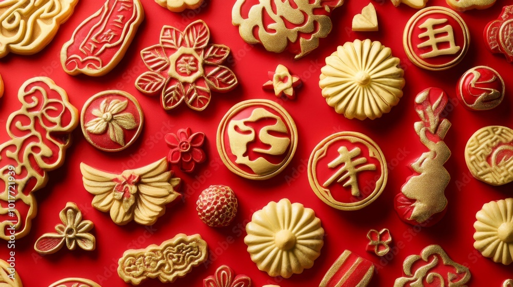 Golden and Red Chinese New Year Decorations on a Red Background Golden and Red Chinese New Year Decorations on a Red Background