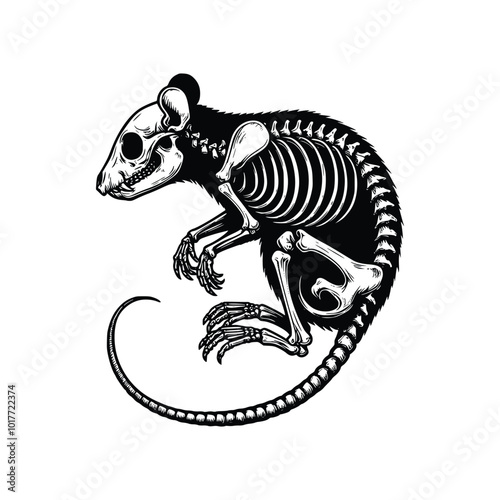 hand drawn black and white skeleton of mouse or rat line art vector illustration