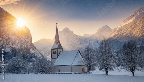 A snow-dusted village church standing tall against a backdrop of mountains, with the sun setting and snow gently falling around it.