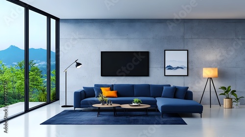 Sleek Blue Sectional in Minimalist Concrete Living Room with Fujifilm X T4 photo