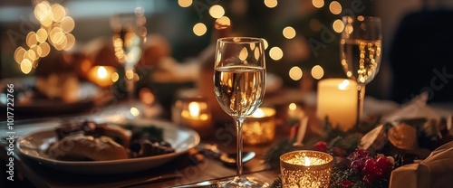 A cozy festive dinner setting with sparkling wine, candlelight, and holiday decorations at a warmly lit table. Wide web banner.