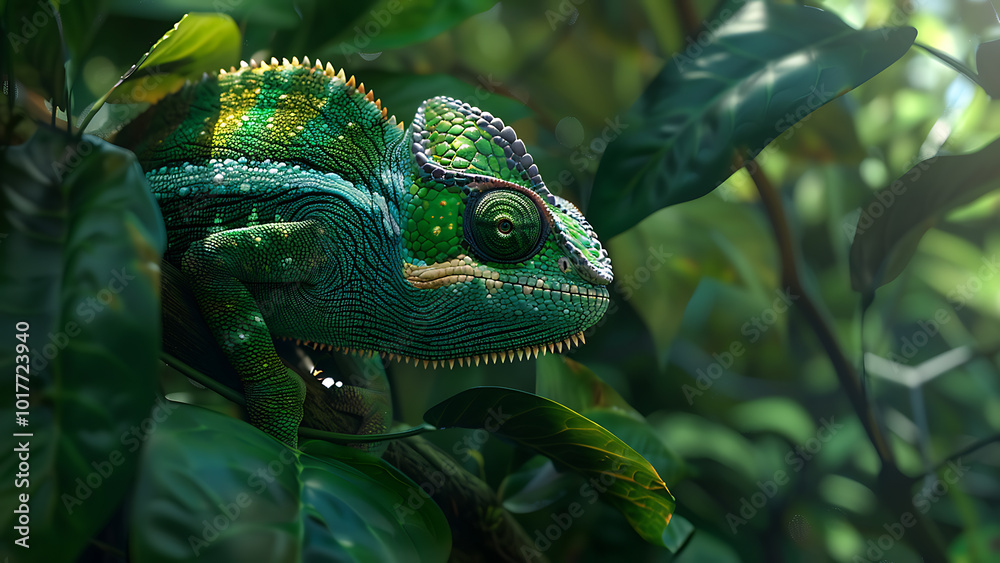 Fototapeta premium Green chameleon blending with leaves in natural habitat