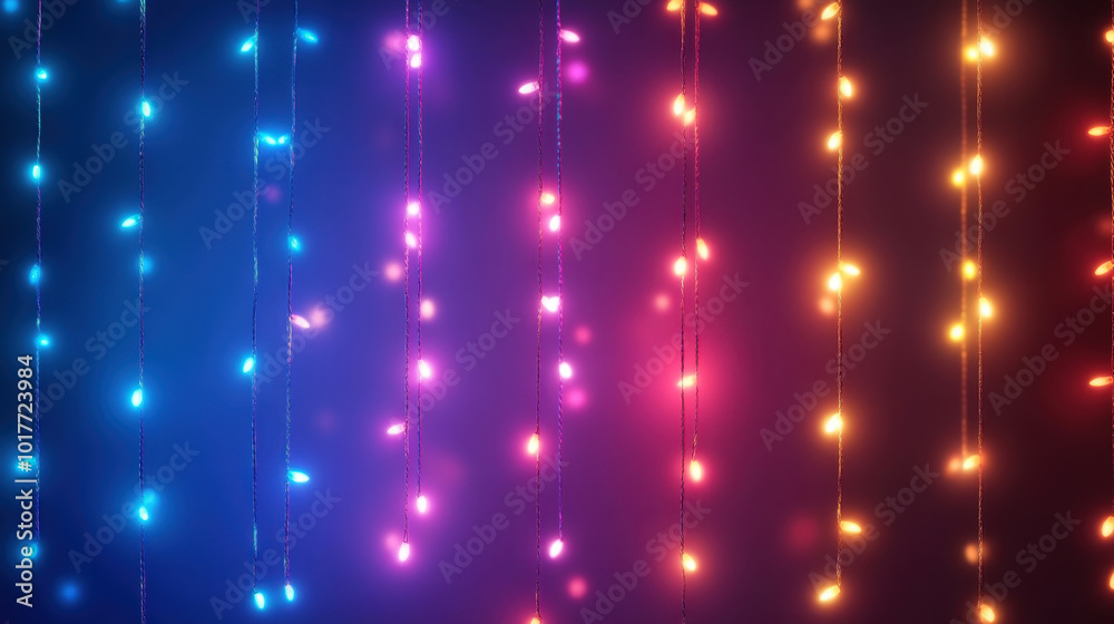 Vibrant hanging christmas lights with multicolored bokeh creating a winter festive atmosphere