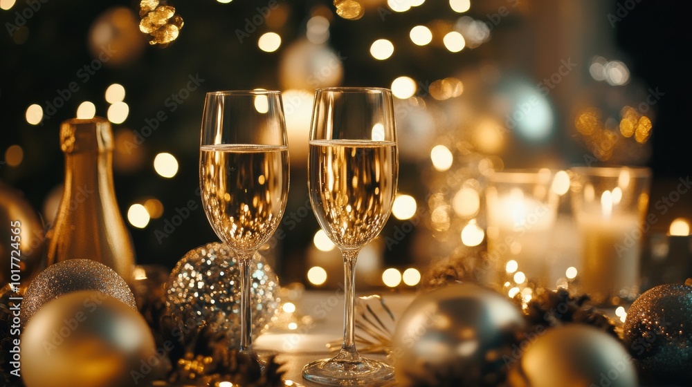 Celebration with sparkling wine glasses amidst festive decor and glowing candles during a holiday gathering