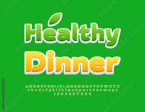 Vector eco banner Healthy Dinner for Cafe. Stylish Green. Trendy Alphabet Letters and Numbers set.