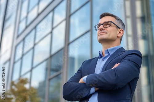 Man in suit and glasses outside building, looking at smartphone with puzzled expression. Glass facade reflects city skyline behind him.