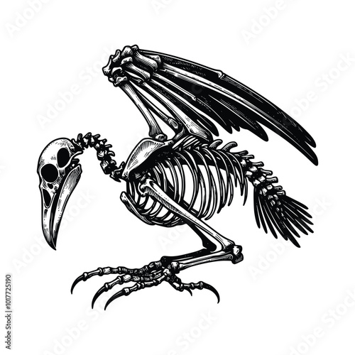 Hand drawn bird skeleton in black and white, vector line art illustration