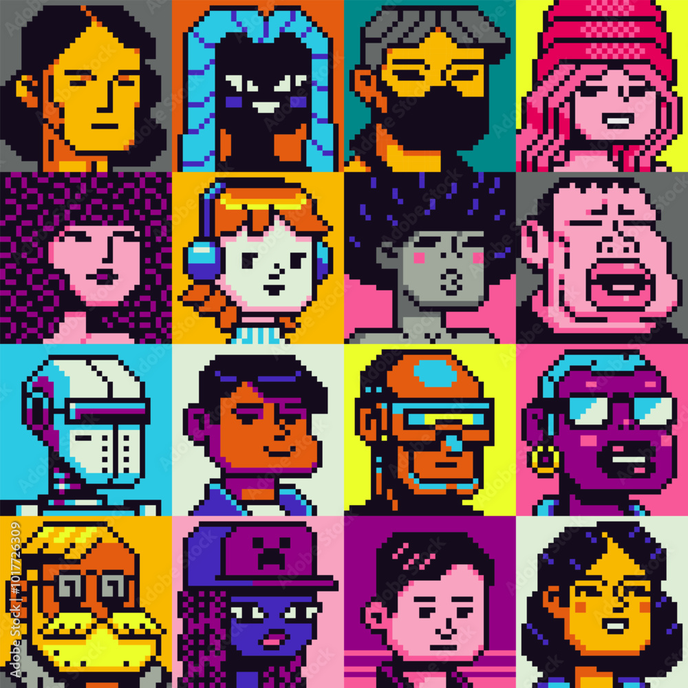 Pixel art people character set, man, woman, girl, guy, avatar, social net portrait, profile picture. Design of 80s. Game assets. 8-bit. Isolated vector illustration background. Pixel art people character set, man, woman, girl, guy, avatar, social net portrait, profile picture. Design of 80s. Game assets. 8-bit. Isolated vector illustration background.