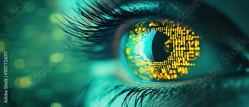 An artistic close-up of a digital eye with pixelated patterns glowing in shades of green and yellow, integrating technology and vision
