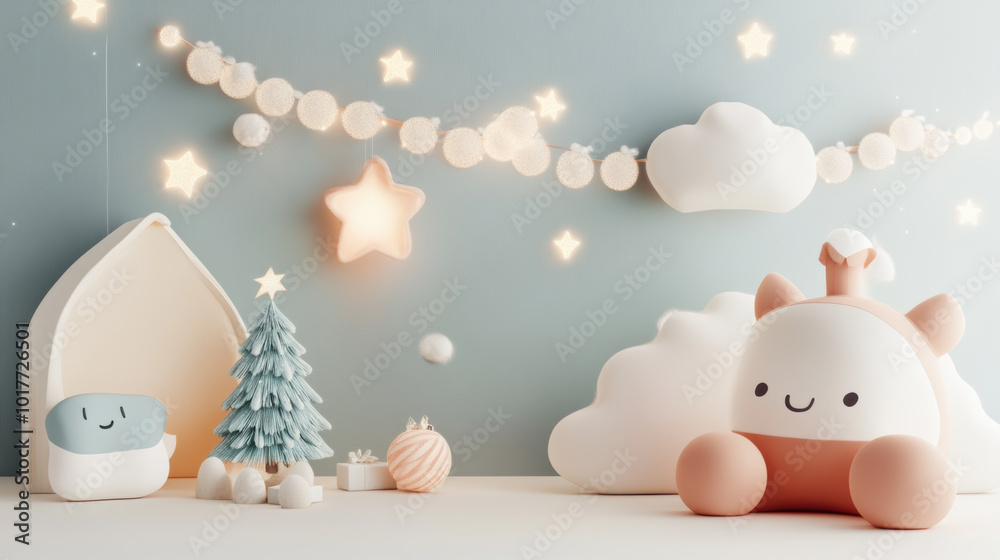 Cozy nursery corner with tiny Christmas tree, soft clouds, and playful decorations creating warm and inviting atmosphere. Perfect for childs room Cozy nursery corner with tiny Christmas tree, soft clouds, and playful decorations creating warm and inviting atmosphere. Perfect for childs room