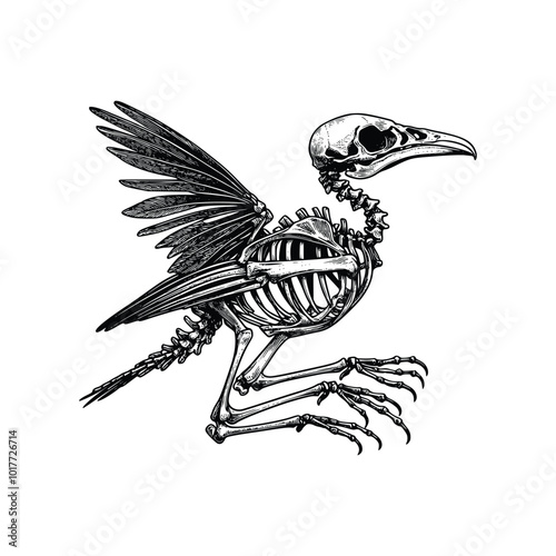 Black and white line art vector illustration of a bird skeleton, hand drawn style