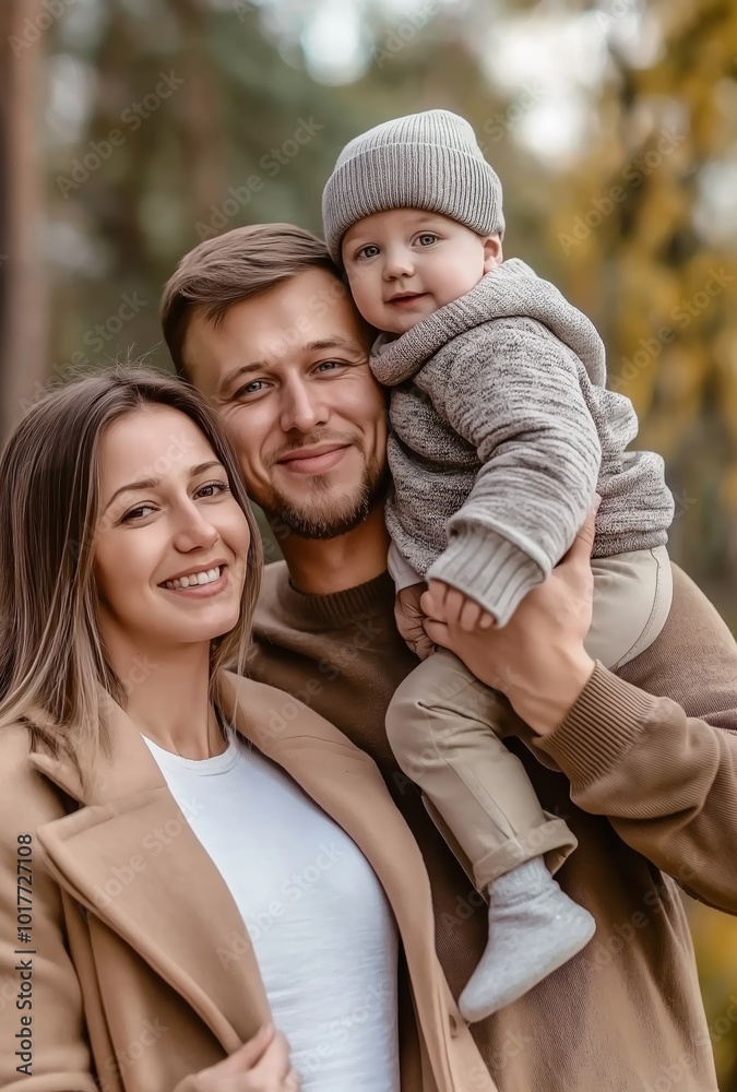 Happy family enjoying a day outdoors in autumn, parents smiling and holding their toddler in a cozy park setting with colorful leaves. Happy family enjoying a day outdoors in autumn, parents smiling and holding their toddler in a cozy park setting with colorful leaves.