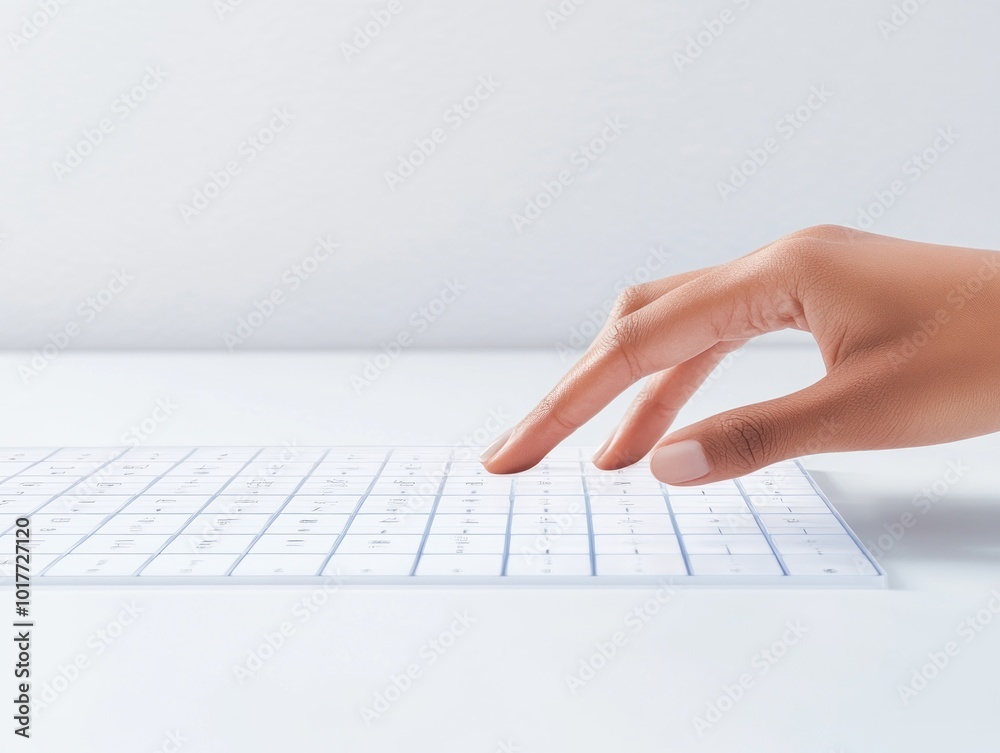 A hand gently touches a transparent keyboard on a smooth surface. A hand gently touches a transparent keyboard on a smooth surface.
