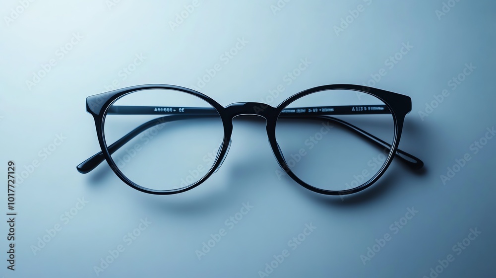 A pair of black framed eyeglasses on a white surface. A pair of black framed eyeglasses on a white surface.