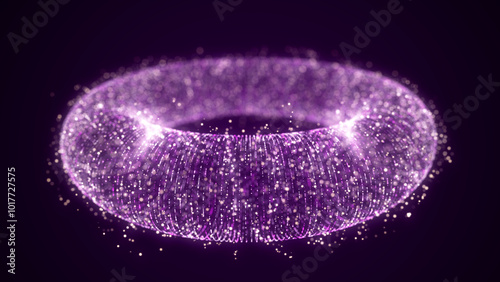 Futuristic dynamic wireframe torus on a purple background. The flow of scientific data. Futuristic digital technology. 3D rendering.	