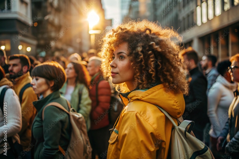 Portrait of a curly-haired beautiful mulatto traveler in a yellow jacket and with a backpack in the city. Traveling alone is a lifestyle. A young tourist is enjoying his autumn vacation.
