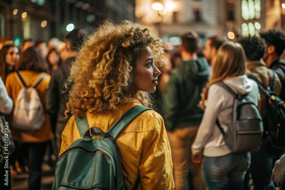Portrait of a curly-haired beautiful mulatto traveler in a yellow jacket and with a backpack in the city. Traveling alone is a lifestyle. A young tourist is enjoying his autumn vacation. Portrait of a curly-haired beautiful mulatto traveler in a yellow jacket and with a backpack in the city. Traveling alone is a lifestyle. A young tourist is enjoying his autumn vacation.