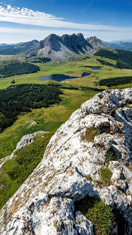 Scenic mountain landscape with rocky foreground and lush greenery below. Scenic mountain landscape with rocky foreground and lush greenery below.