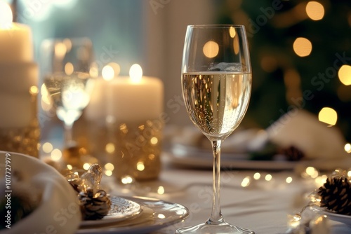 A sparkling glass of wine on a festive table illuminated by warm candlelight during a holiday gathering photo