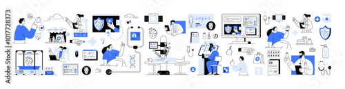 Telemedicine e-health medical technology. Technology in healthcare with professionals using medical equipment. Medical practices technology healthcare innovation medical professionals research labs