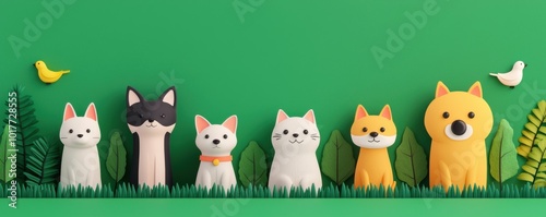 Cute Cartoon Animals in Green Grass with Paper Cutout Style