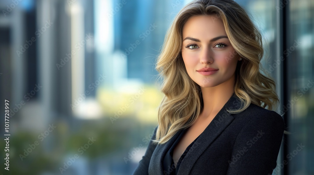 European woman successful businesswoman in a business suit stands against a blurred background. image of a successful business woman of our time