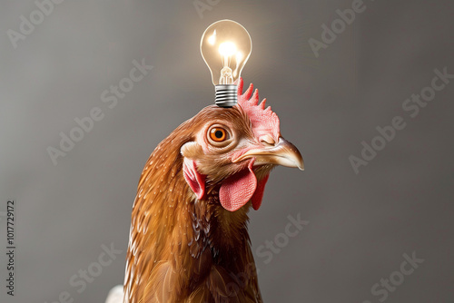 A creative image of a chicken with a light bulb on its head, symbolizing ideas or innovation. The chicken has a detailed feather texture and a bright expression, set against a neutral gray background. photo