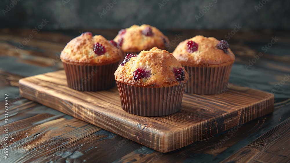 Freshly baked berry muffins on rustic wooden table Freshly baked berry muffins on rustic wooden table