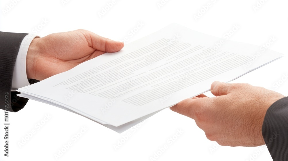 Fototapeta premium Two hands exchanging a document, suggesting a business transaction or agreement.