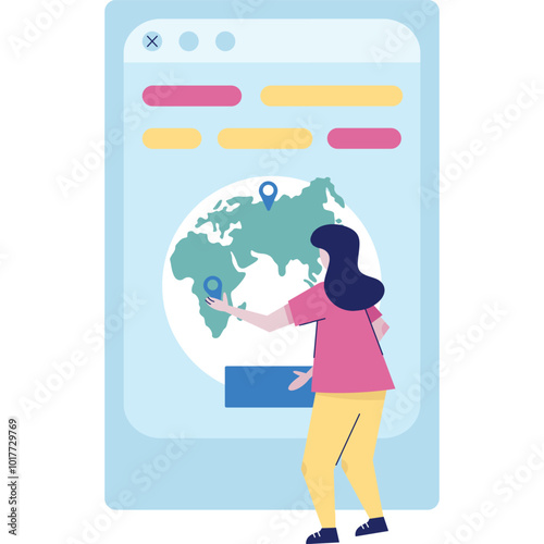 Woman using travel mobile app vector icon