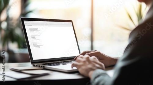 A person working on a laptop in a spacious office, copy space on empty white screen. Office work and workaholism photo