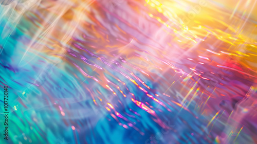 An abstract image featuring vibrant colors and fluid patterns resembling water. The interplay of light creates a shimmering effect, with hues of blue, pink, yellow, and purple blending together