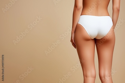 Elegant female in white underwear against a neutral background, showcasing smooth skin and a toned physique. Ideal for beauty and lifestyle themes.