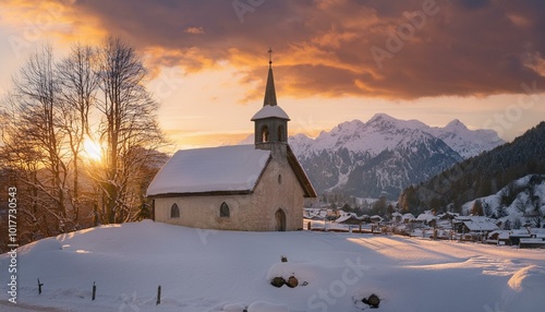 A small, rustic church with a snow-covered roof, nestled in a peaceful winter village as the sun sets behind the mountains.