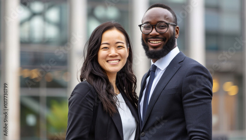 Two business diverse people, wearing professional attire smiling at the camera, Professional Business Portraits of Two Colleagues, Business Team Portrait in Urban Setting