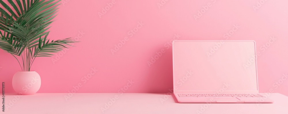 Pink Laptop Palm Tree and Pink Wall Minimalist Background Pink Laptop Palm Tree and Pink Wall Minimalist Background