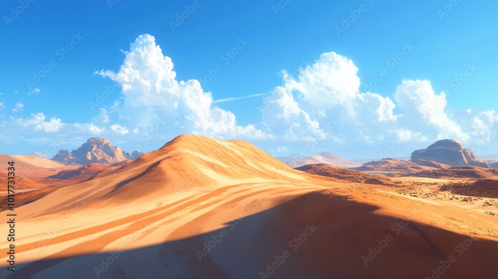 A vast desert landscape with towering sand dunes and a bright blue sky the sun casting long shadows across the rolling hills of sand A vast desert landscape with towering sand dunes and a bright blue sky the sun casting long shadows across the rolling hills of sand