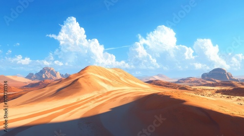 A vast desert landscape with towering sand dunes and a bright blue sky the sun casting long shadows across the rolling hills of sand