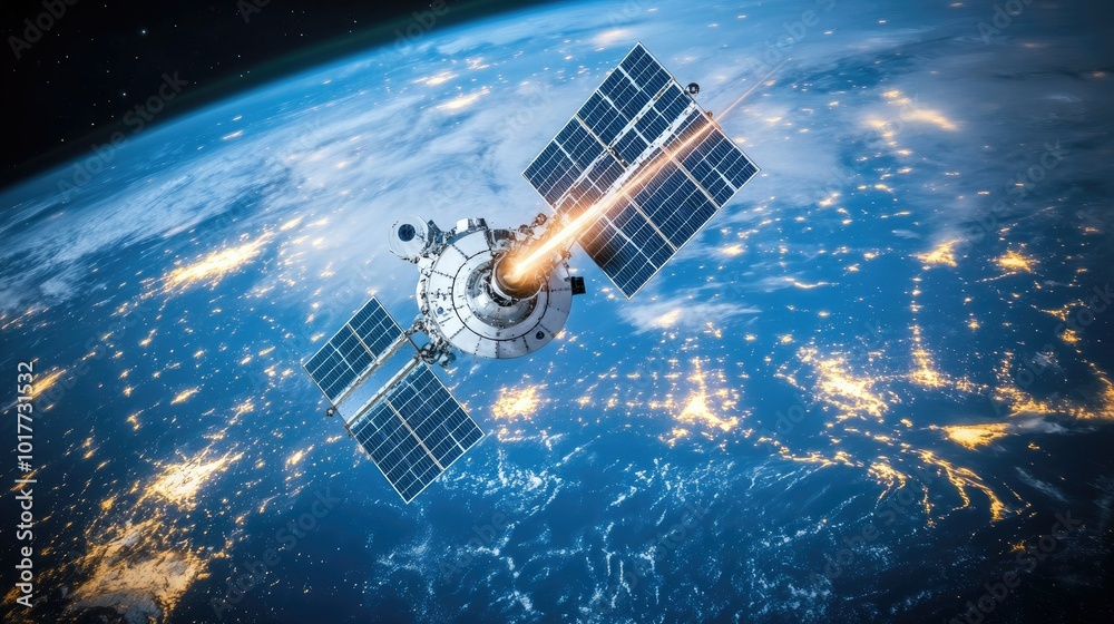 3D VFX render of a satellite firing laser beams at another satellite, signaling a new front in the arms race, with Earthaes curvature beneath. --chaos 70 3D VFX render of a satellite firing laser beams at another satellite, signaling a new front in the arms race, with Earthaes curvature beneath. --chaos 70