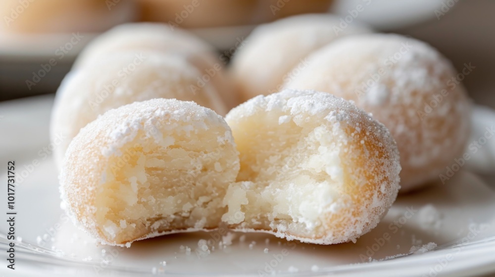 Classic mochi doughnut with powdered sugar on a ceramic plate, National Dessert Day Classic mochi doughnut with powdered sugar on a ceramic plate, National Dessert Day
