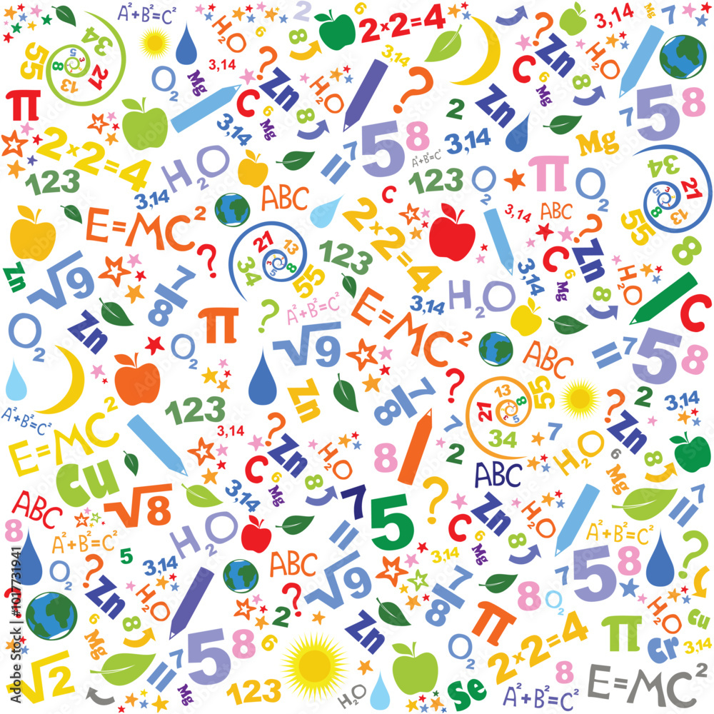 Fototapeta premium Education and Science. Flat design scientific icons. Seamless pattern of formulas and pictures concerning to Science. World Science Day for Peace and Development. November 10. Vector Illustration