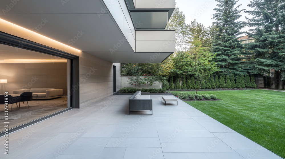 Modern outdoor patio area with sleek furniture and lush greenery in a residential setting Modern outdoor patio area with sleek furniture and lush greenery in a residential setting