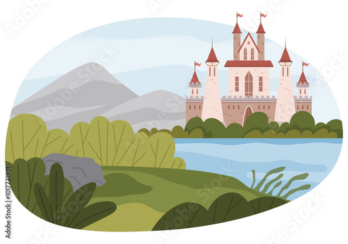 A majestic castle with tall towers and red rooftops stands by a tranquil lake, surrounded by lush greenery and distant mountains. Ideal for fairy tales, fantasy stories, childrens books, magical