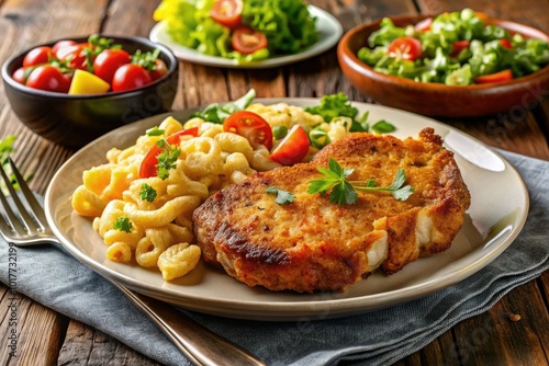 Savor a gourmet fried pork chop paired with creamy macaroni and a vibrant garden saladâ€”a delightful homestyle meal for culinary enthusiasts and food lovers alike.