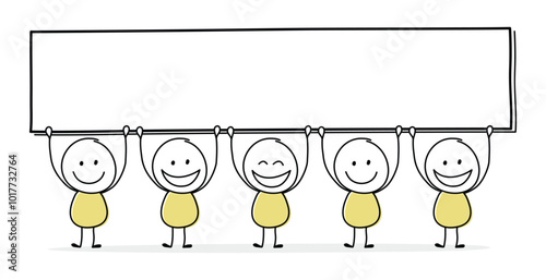 Concept of happy stickman with blank plate icon. Vector