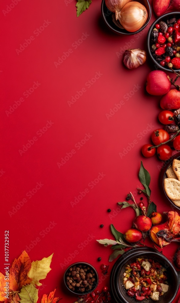 Autumn ingredients frame on red background with fall spices and fruits Autumn ingredients frame on red background with fall spices and fruits