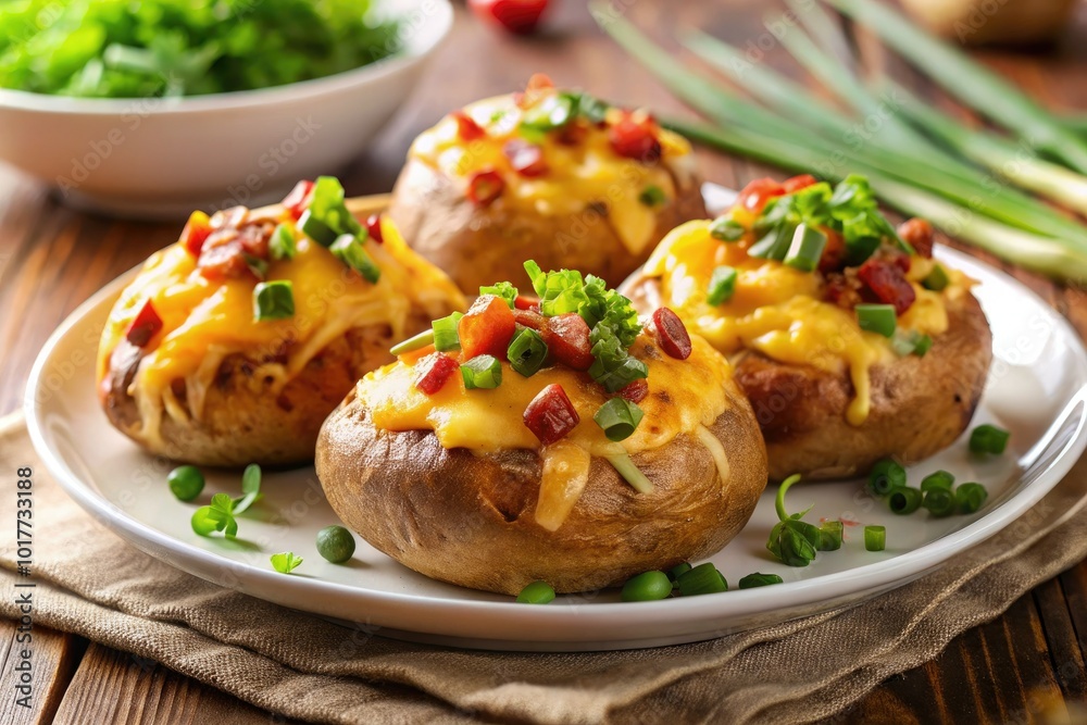 Savory baked potatoes topped with crispy bacon, fresh green onions, and melted cheddar cheese, creating a delicious and healthy snack served beautifully on a white plate. Savory baked potatoes topped with crispy bacon, fresh green onions, and melted cheddar cheese, creating a delicious and healthy snack served beautifully on a white plate.