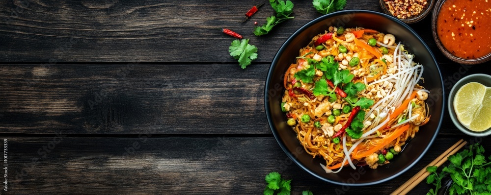 Pad Thai shrimp noodles with lime, sprouts, and herbs on dark wood table Pad Thai shrimp noodles with lime, sprouts, and herbs on dark wood table
