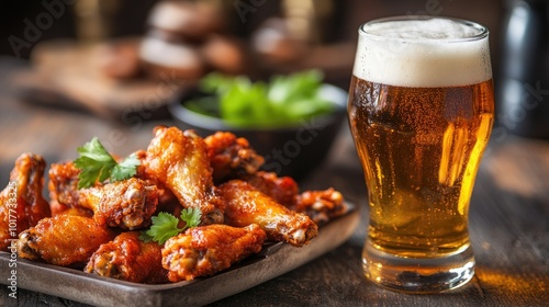 A chilled pint of golden beer with a basket of crispy, flavorful chicken wings, creating the perfect laid-back, comfort food pairing in a bar-style setting.